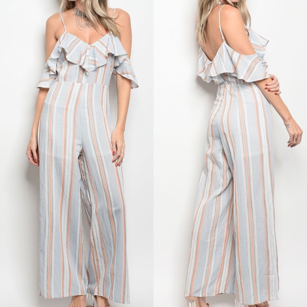 🍑 Just Peachy Striped Blue Wide Leg Jumpsuit 🍑